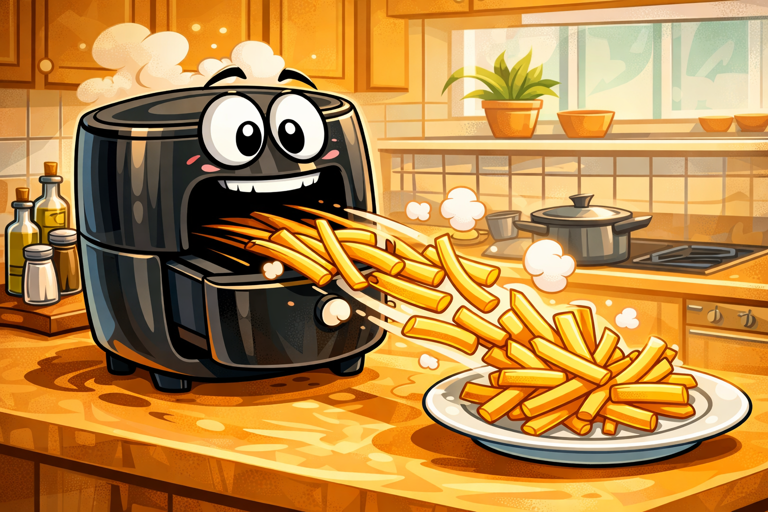 Comic - Ein Airfryerwesen spuckt pommes auf einen Teller